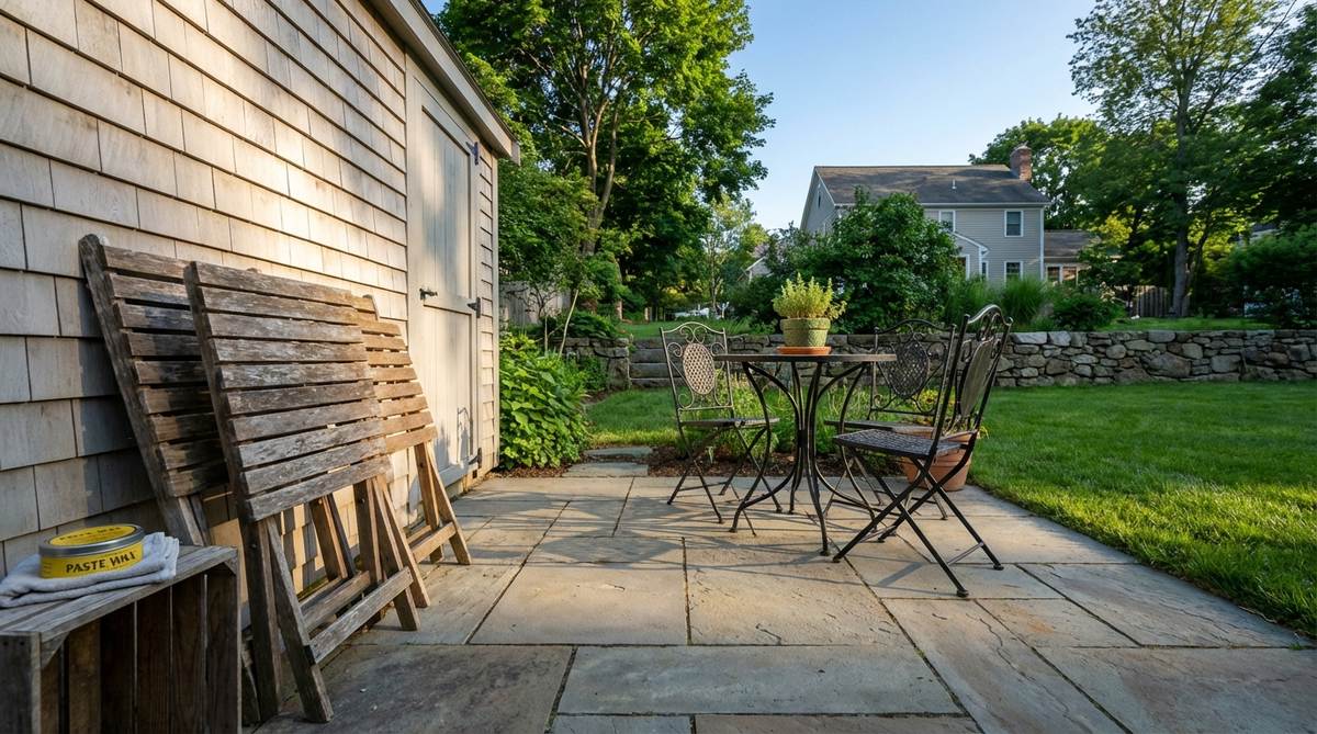 A metal or wooden folding bistro set, ideal for small backyards, shown collapsed for storage or deployed for entertaining, with tips on maintenance like applying paste wax to prevent rust.