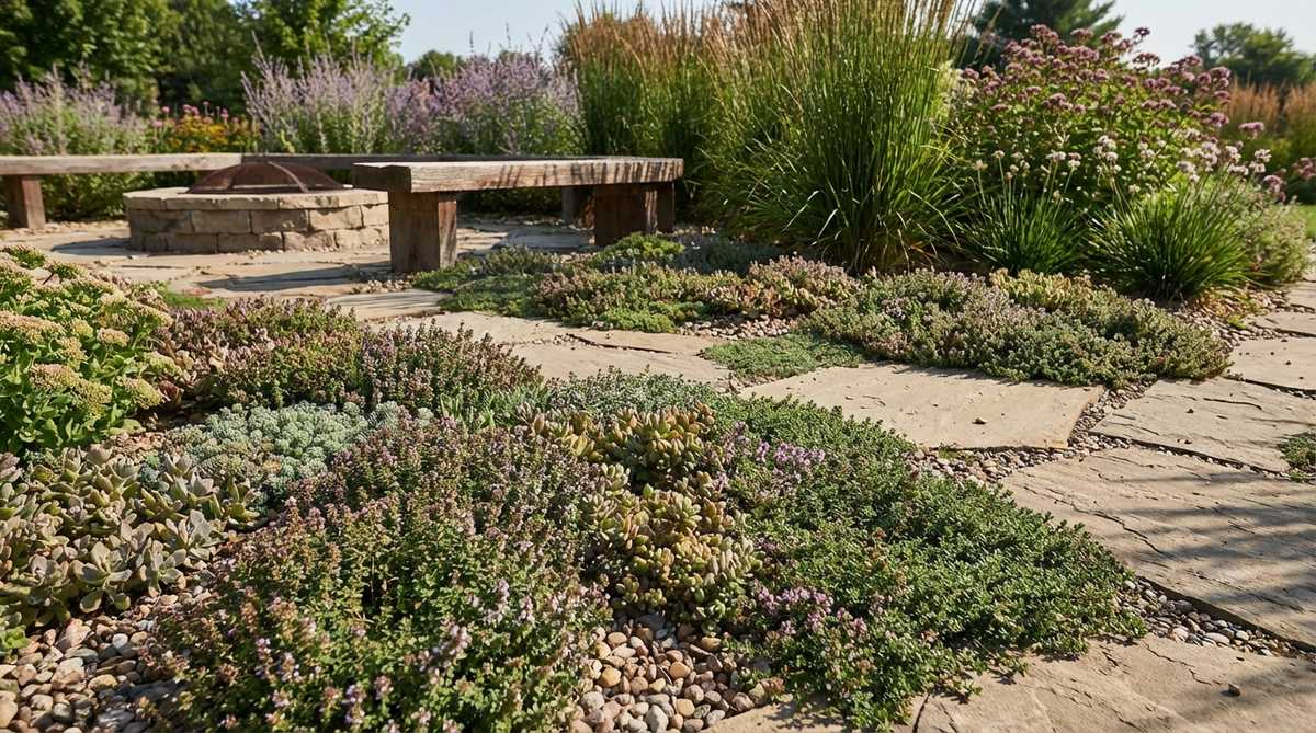 A close-up image showing low-growing groundcovers like creeping thyme or sedum used as foreground plants in a small garden, defining the garden floor with carpet-forming textures that contrast with vertical elements behind, suitable for paths and seating areas.