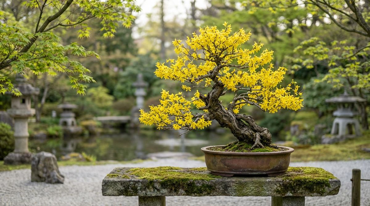 A close-up image of a Forsythia bonsai tree in a Japanese garden setting, showcasing its vibrant electric yellow flowers that bloom in early spring before the leaves appear, symbolizing the end of winter. The bonsai is pruned to maintain its miniature scale, with detailed ramification from careful summer pinching, set against a serene garden backdrop.