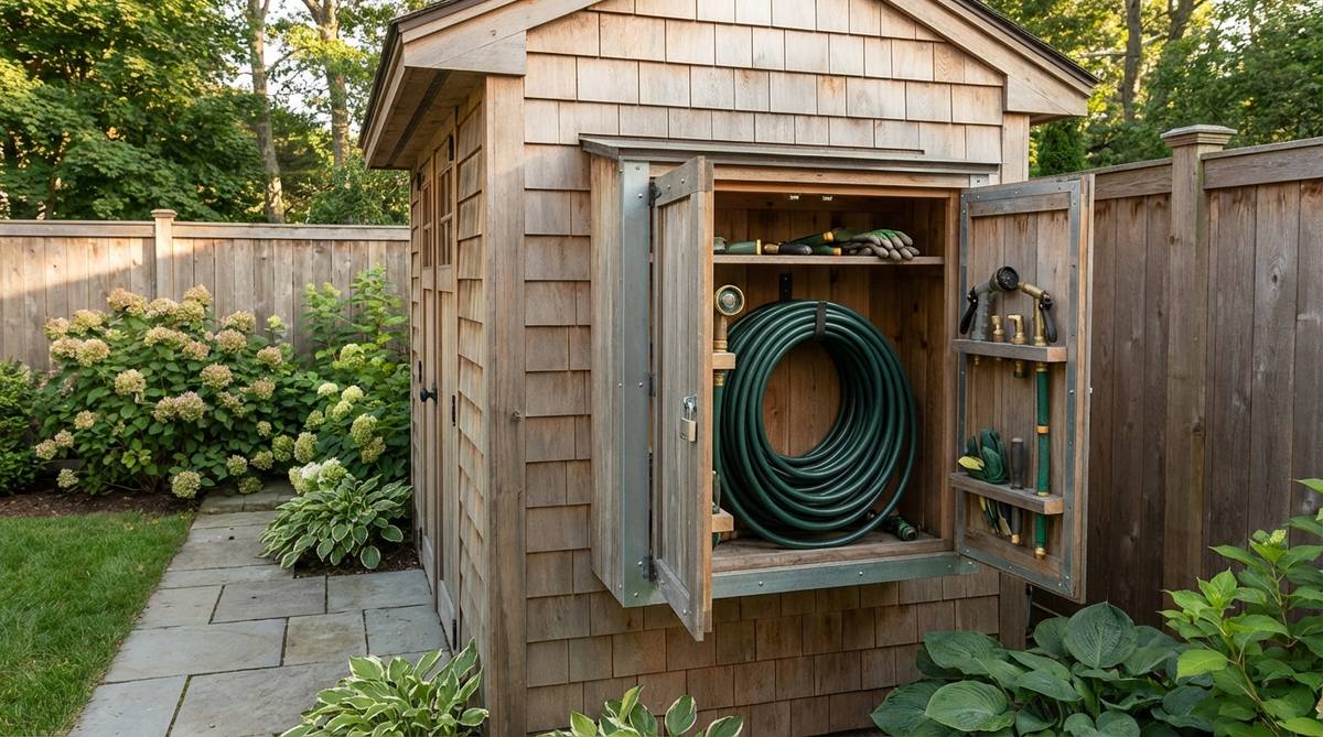 A compact wall-mounted garden hose cabinet installed on a small garden shed exterior, showing coiled garden hoses neatly stored with spray nozzles and watering accessories inside. The vertical design with lockable doors protects equipment from theft and weather.