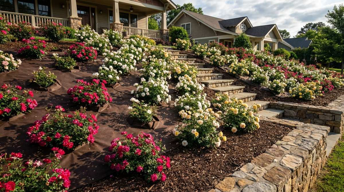 A garden design illustration showing groundcover roses stabilizing a slope with landscape fabric and planting pockets, featuring low-growing varieties like Flower Carpet or Drift series for erosion control and living mulch.