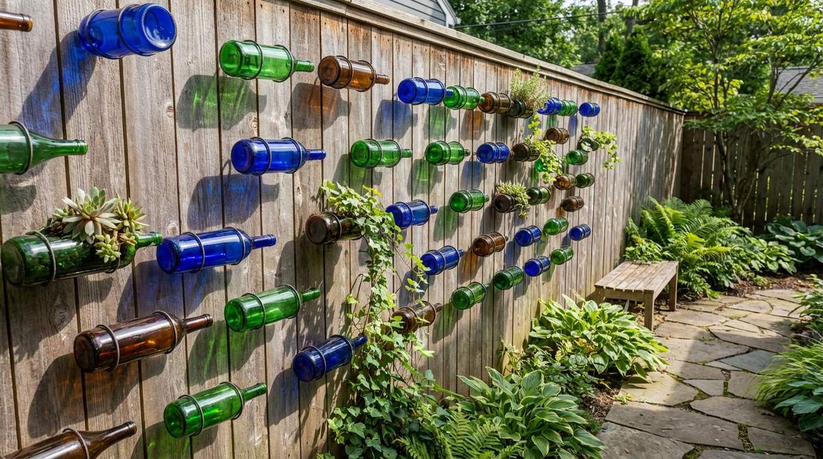 Repurposed glass bottles mounted horizontally on an outdoor wall, serving as small planters or decorative elements. Colored glass catches sunlight and casts tinted shadows, with plants inserted into bottle openings or displayed empty for their aesthetic form. Secured through the neck using wire or purpose-built bottle holders.