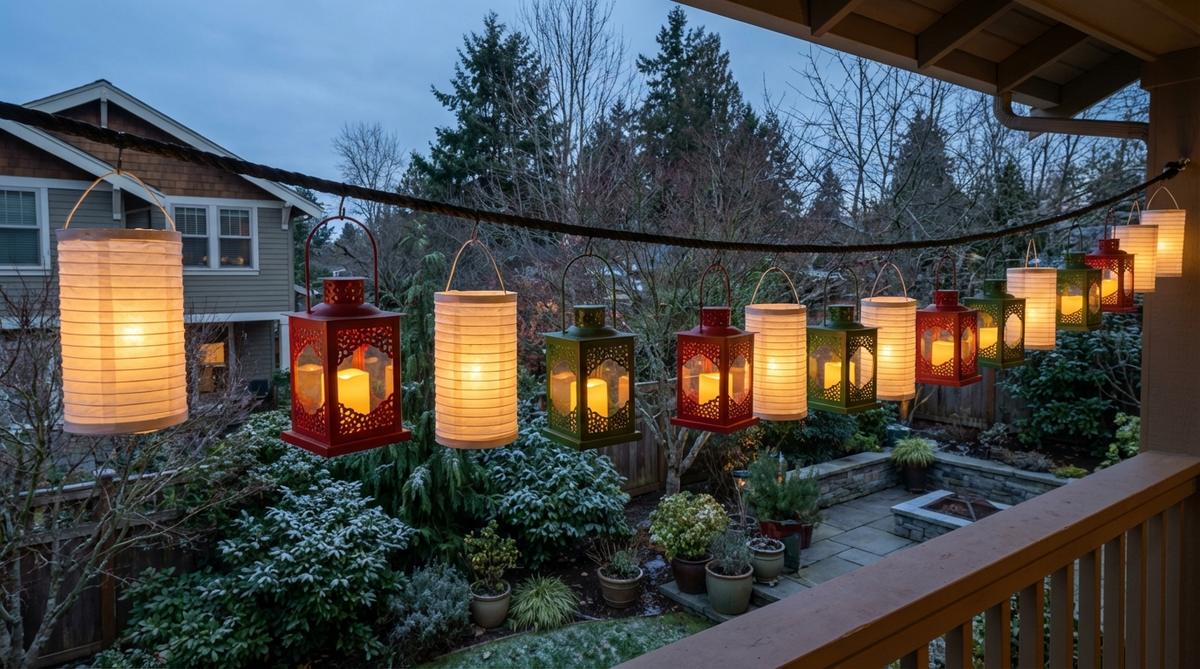 Paper or metal lanterns strung along a balcony with battery-operated LED candles inside, providing both decoration and functional lighting for Christmas. Lanterns are suspended from a cable or heavy cord and spaced 18-24 inches apart, available in white for minimalist appeal or traditional red and green for classic Christmas theming.