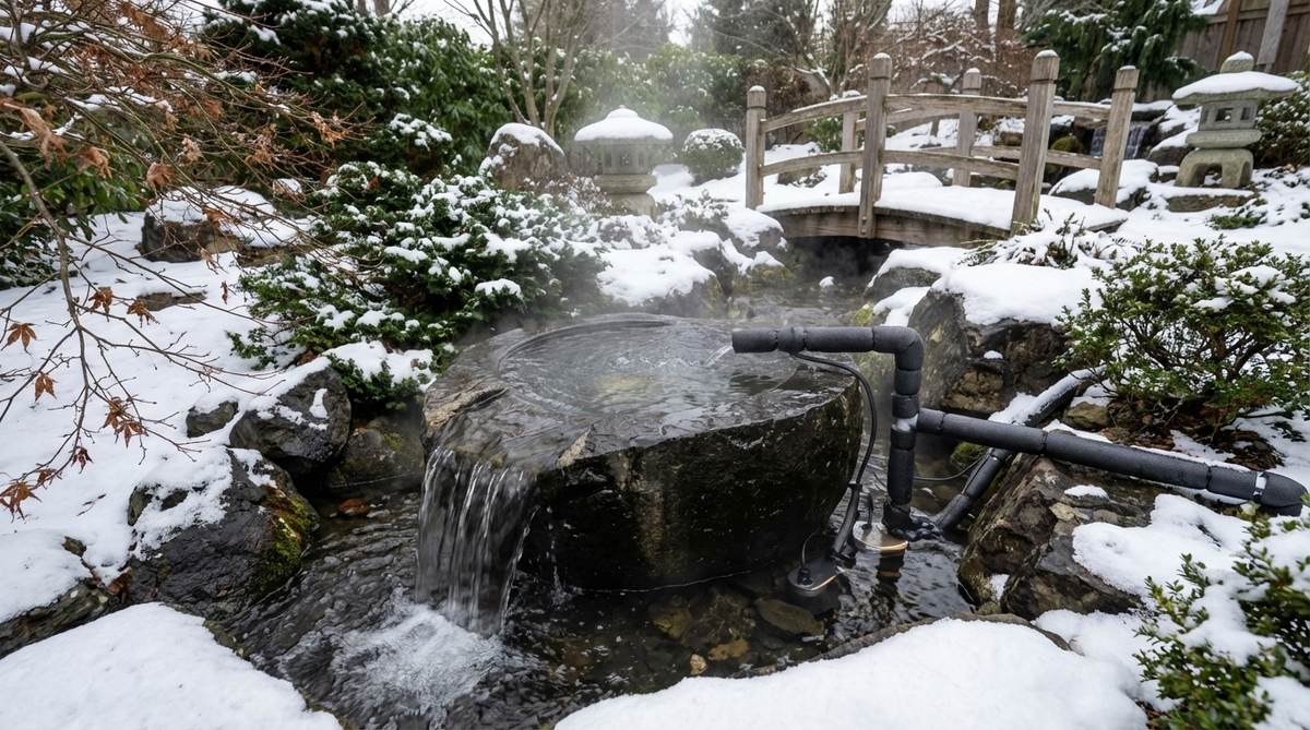 A heated water basin in a Japanese garden during winter, featuring submersible heaters and insulated plumbing to allow year-round operation. The basin is surrounded by snowy landscapes, creating a striking contrast with flowing water, and includes freeze-protection systems for cold climates.