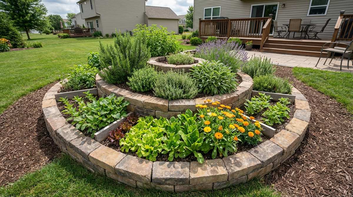 A low raised spiral garden bed winding inward, packed with herbs, small vegetables, and pollinator flowers. The sculptural shape creates multiple microclimates, with rosemary and thyme on higher, drier sections and leafy greens or calendula in lower, moister pockets, all in a compact footprint.