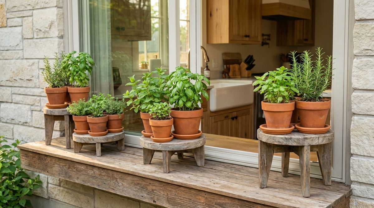 A modern boho kitchen windowsill decorated with terracotta pots containing fresh herbs like basil, mint, and rosemary. The pots are arranged in groups of odd numbers with varying heights using wooden stands, creating an organic yet orderly display. Natural light illuminates the earthy clay tones and vibrant green leaves, blending functionality with bohemian style for home decor.