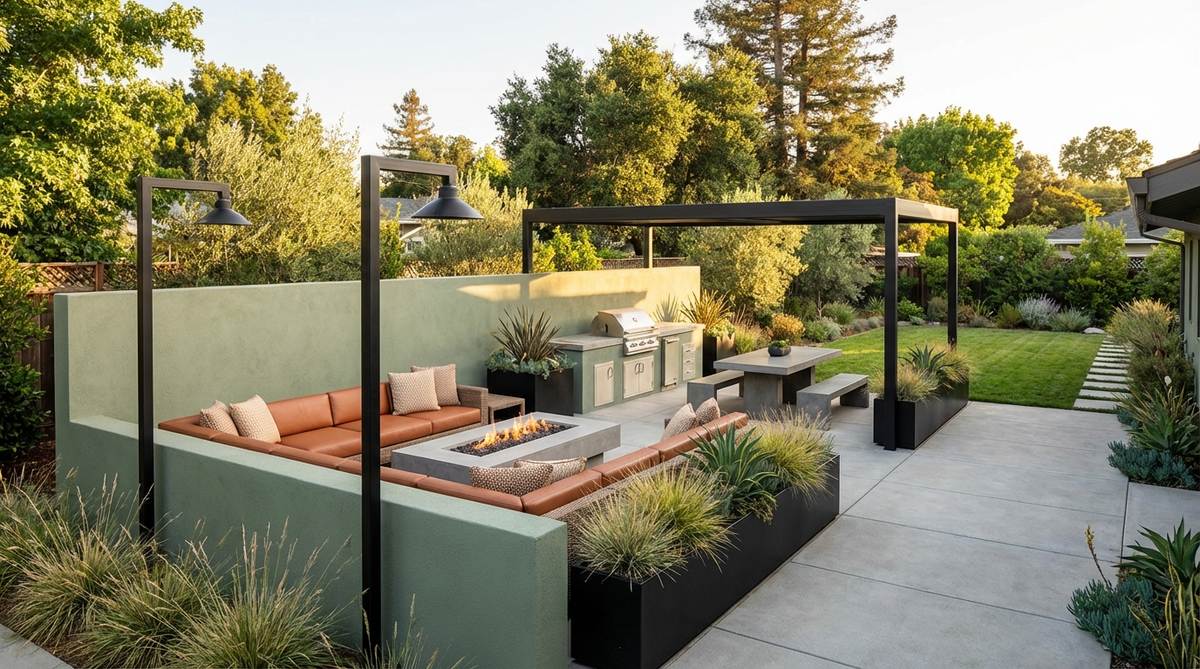 A modern interior design concept featuring sage green walls, terracotta leather furniture, concrete gray surfaces, and black metal accents. This industrial earth palette combines organic earthy tones with urban industrial elements, ideal for loft spaces and contemporary apartments.