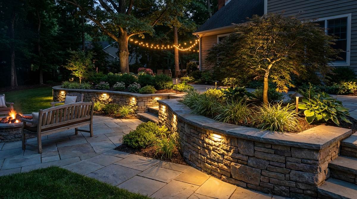 A nighttime view of a raised bed garden stone wall with integrated low-voltage LED lighting, showcasing dramatic uplighting and downlighting effects that highlight the stone texture and create a warm, usable outdoor space after dark.