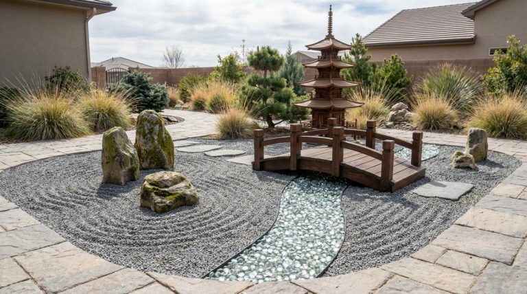 A miniature Japanese Zen garden featuring raked gravel patterns, carefully placed stones in odd-number groupings, a miniature bridge over glass gem water, and a small pagoda as architectural focus. This traditional garden design creates a meditative space suitable for workspaces, with flowing gravel patterns representing water movement.
