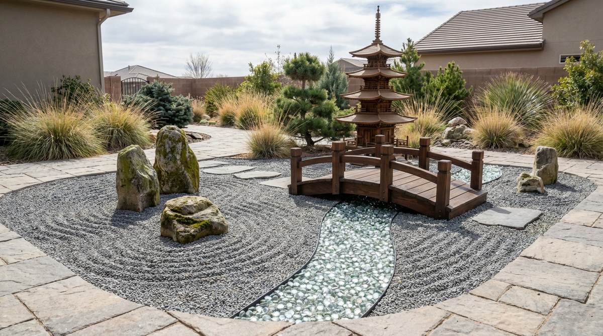 A miniature Japanese Zen garden featuring raked gravel patterns, carefully placed stones in odd-number groupings, a miniature bridge over glass gem water, and a small pagoda as architectural focus. This traditional garden design creates a meditative space suitable for workspaces, with flowing gravel patterns representing water movement.