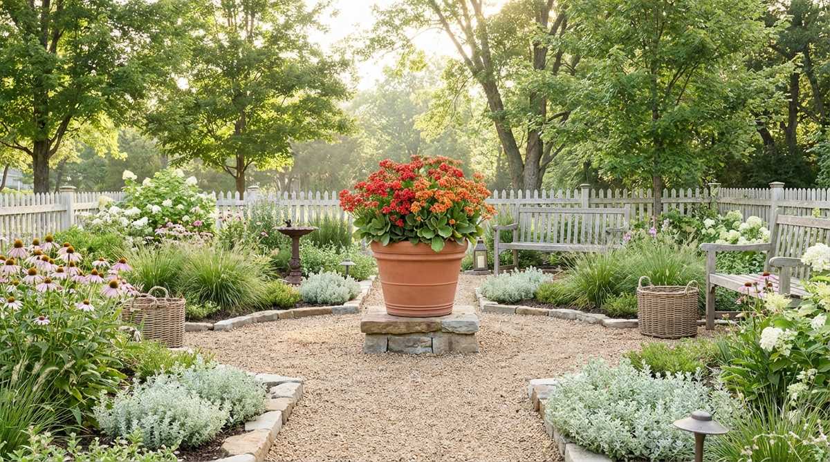 A vibrant kalanchoe succulent plant featuring dense clusters of small flowers in red, orange, yellow, or pink colors, set above scalloped green leaves. The compact 8-12 inch plant thrives with minimal water and blooms for months, ideal for small gardens or as a houseplant in bright light conditions.