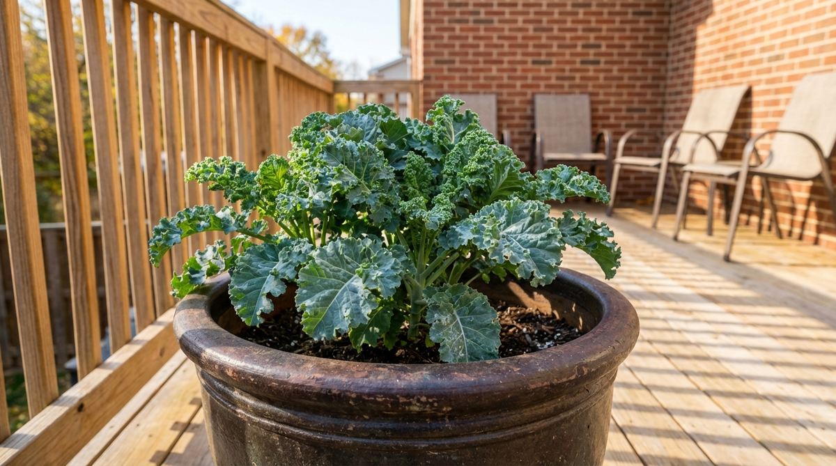 A compact kale plant, such as the 'Dwarf Blue Curled' variety, thriving in a 3-5 gallon container on a sunny balcony. The image shows healthy, curly green leaves, ideal for fall gardening, with frost enhancing their flavor and nutritional value.