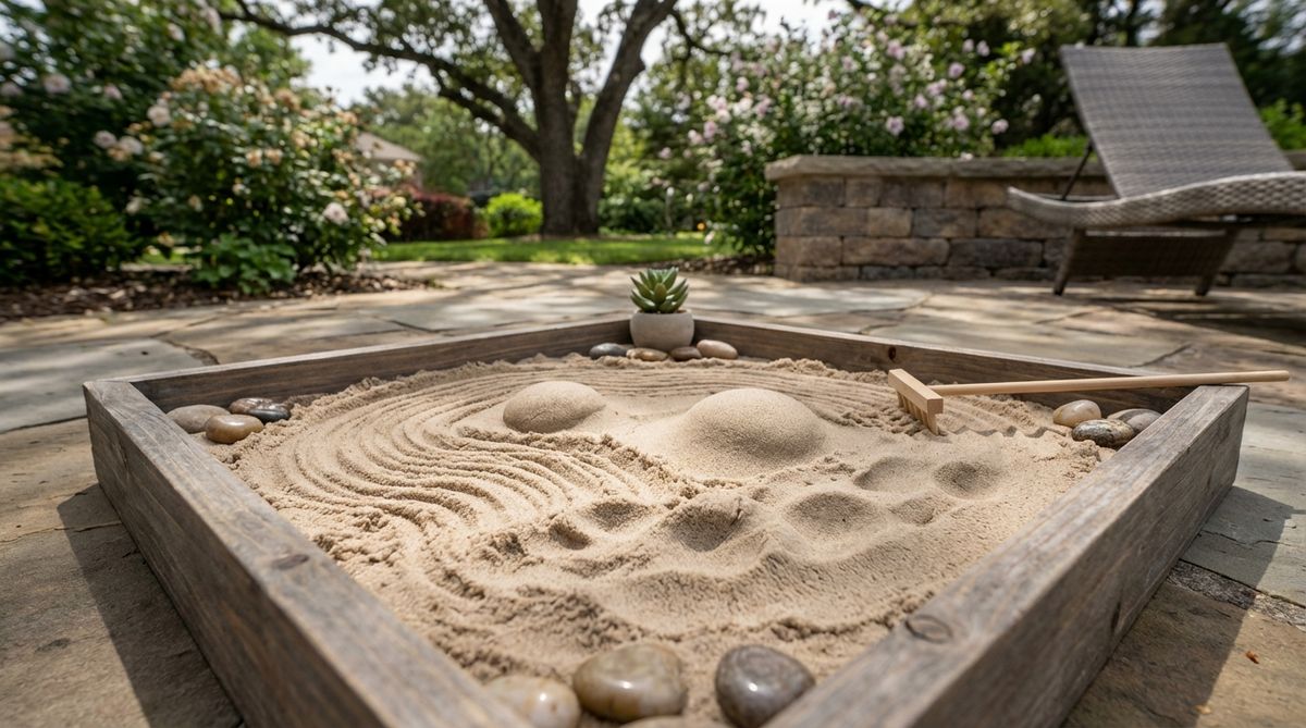 A close-up image of a mini zen garden featuring kinetic sand in an 8x8-inch tray, showing sculpted textures and smooth surfaces created through hand manipulation. The tactile sand holds shapes for sensory engagement, used for focus enhancement and stress relief in therapeutic settings.