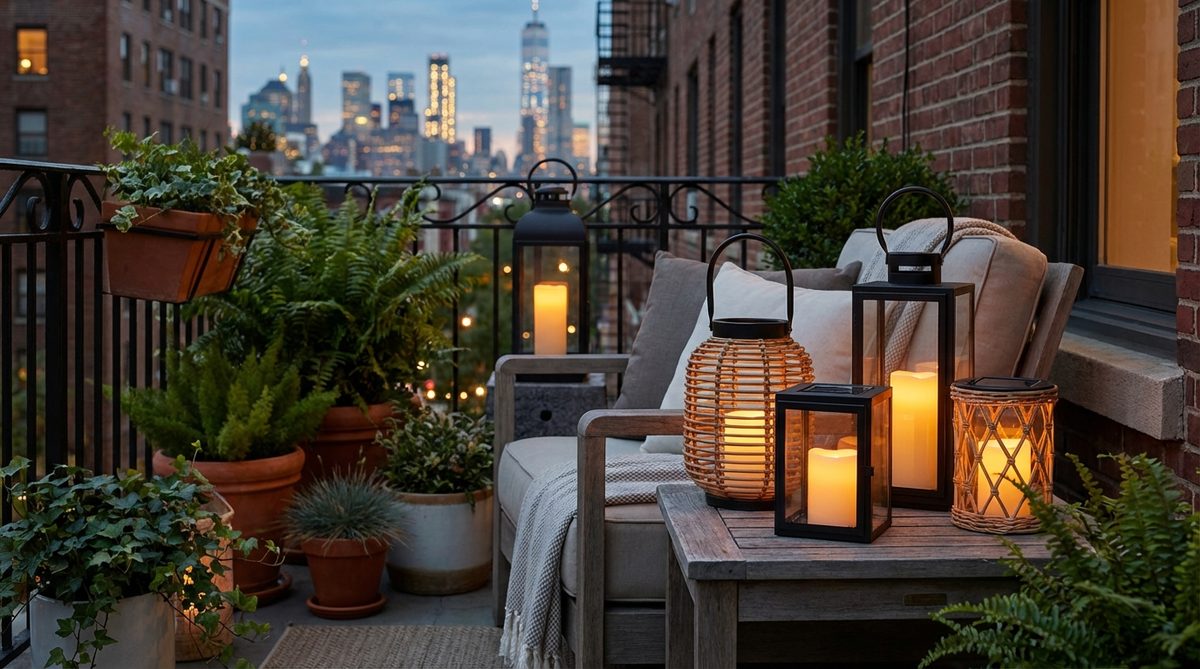 A group of 3-5 lanterns in varying heights, made of metal, rattan, or glass, arranged on a side table or floor corner in a NYC balcony garden, featuring LED candles for safety and solar-charged options for automatic evening lighting, suitable for creating intimate zones for reading or conversation.