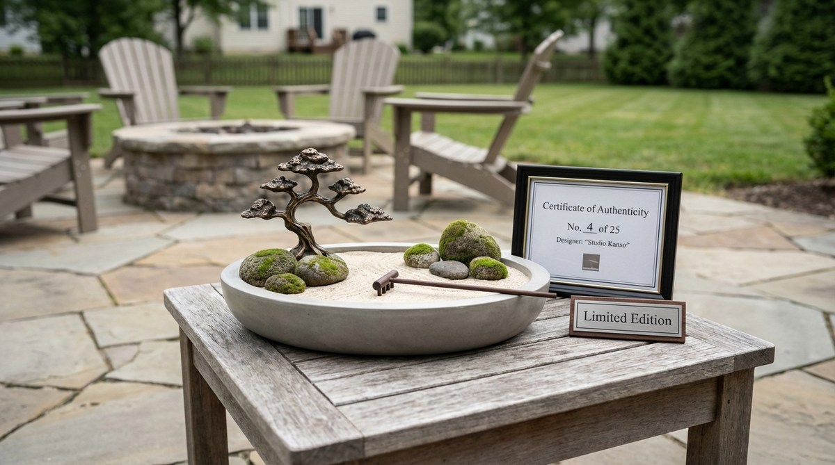 A numbered, exclusive miniature zen garden from a known designer, featuring signature elements and innovative materials, with authentication certificates for collectible value.