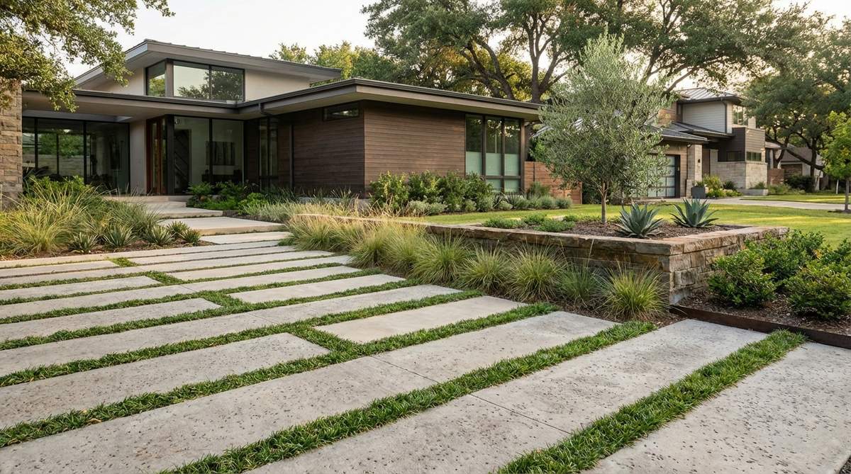 Parallel concrete strips create a modern geometric pattern in a front yard garden, with planting strips of mondo grass or sedges between them. This design emphasizes strong directional movement and complements contemporary architecture with its clean lines and durable hardscape.
