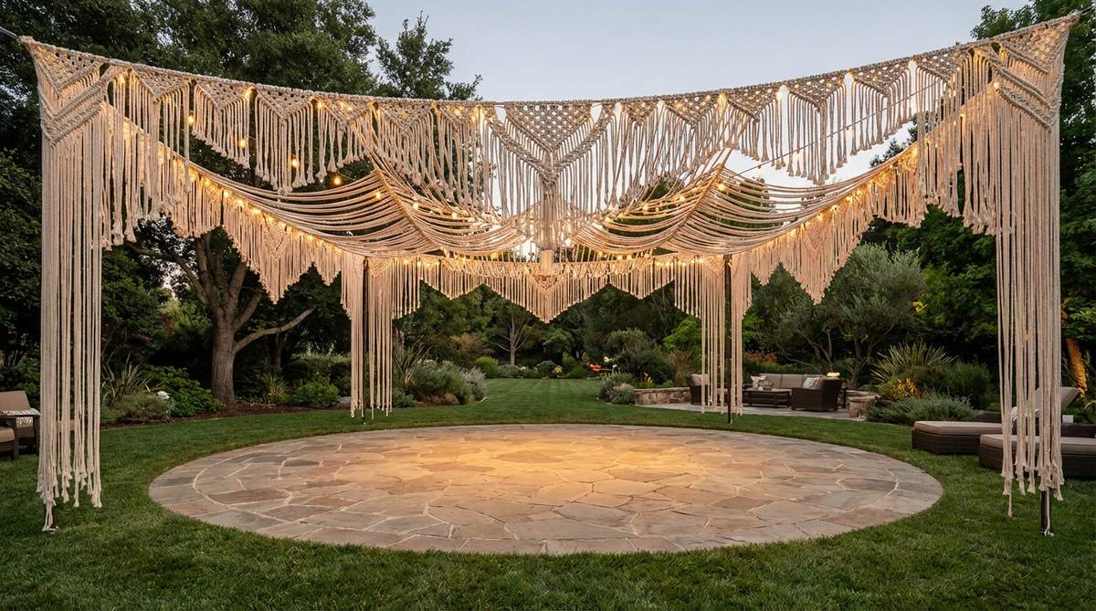 A large macrame canopy installation stretched above a dance floor, with string lights woven through the knotwork for evening illumination. This boho wedding decoration defines the dance space while maintaining an open, airy feeling and creating an intimate environment within a larger venue.