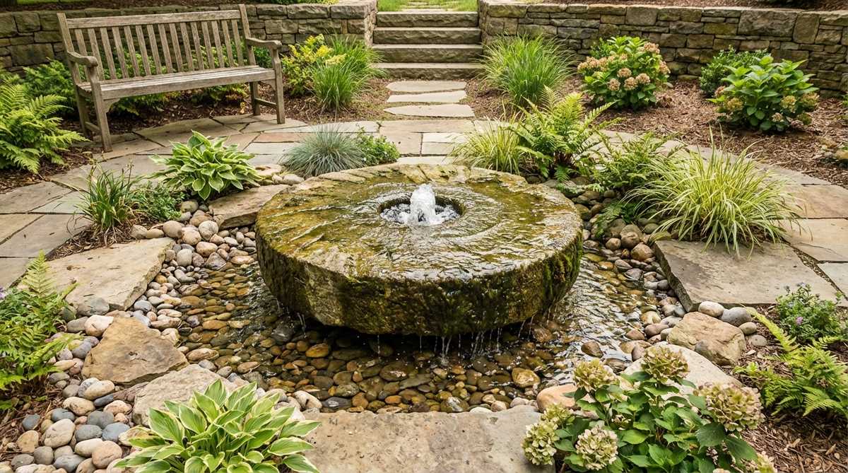 An antique millstone repurposed as a water feature, with water flowing through its central hole, serving as a functional sculpture in a stone garden setting.