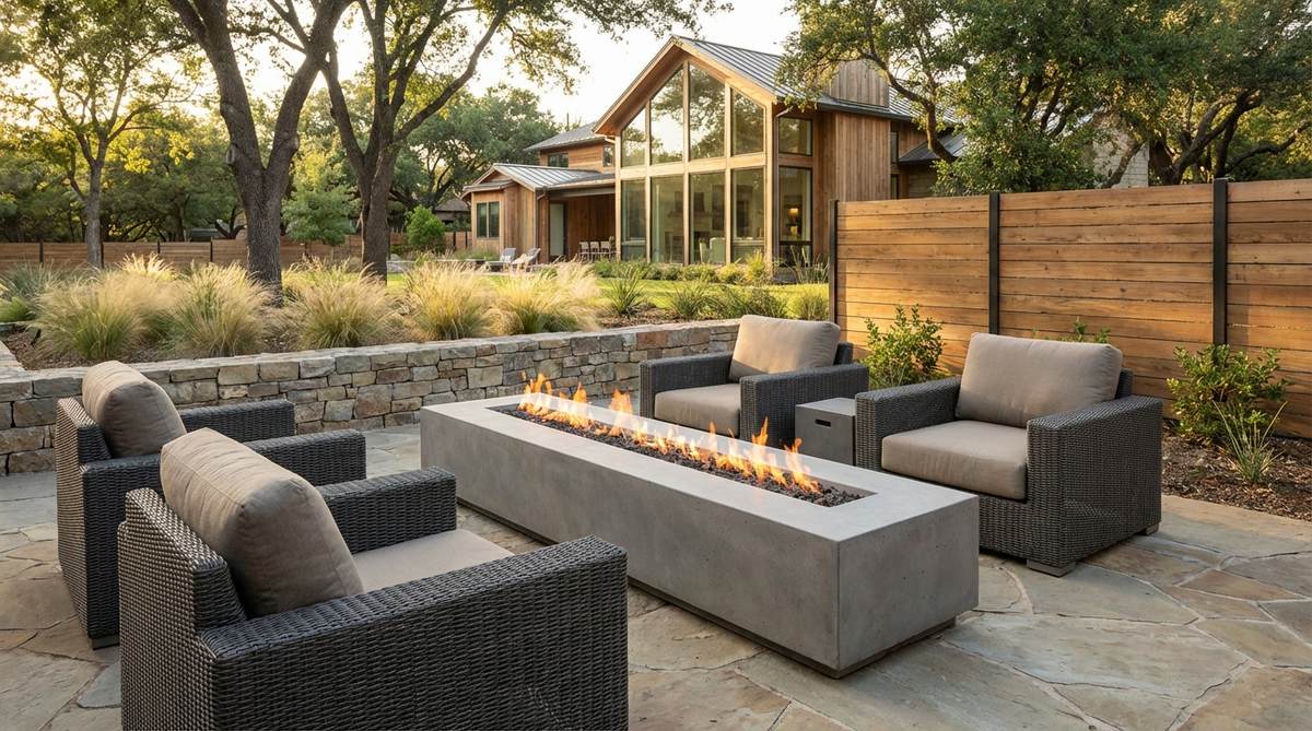 A minimalist fire feature, such as a linear gas fire trough or circular fire bowl, made of concrete, steel, or stone, positioned safely in a contemporary garden setting with seating arranged at an optimal distance for warmth.