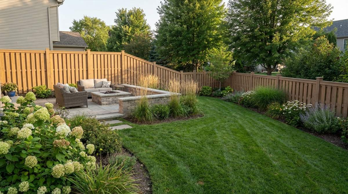 A garden decor fence featuring varying heights with tall 8-foot panels for privacy near patios and lower 4-5 foot sections in peripheral areas, connected by angled transition panels to create visual interest and strategic privacy zones.