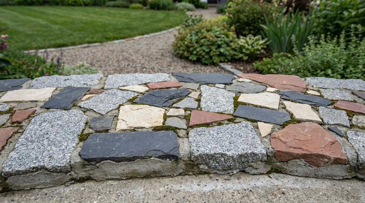 A close-up view of a modern garden edging featuring a mosaic pattern created with mixed stones including granite, slate, limestone, and sandstone pieces. The stones are arranged in an artistic composition with varied colors, textures, and sizes, set in mortar on a concrete base. This unique border demonstrates creative garden design using remnant materials for an eclectic, visually rich landscape feature.