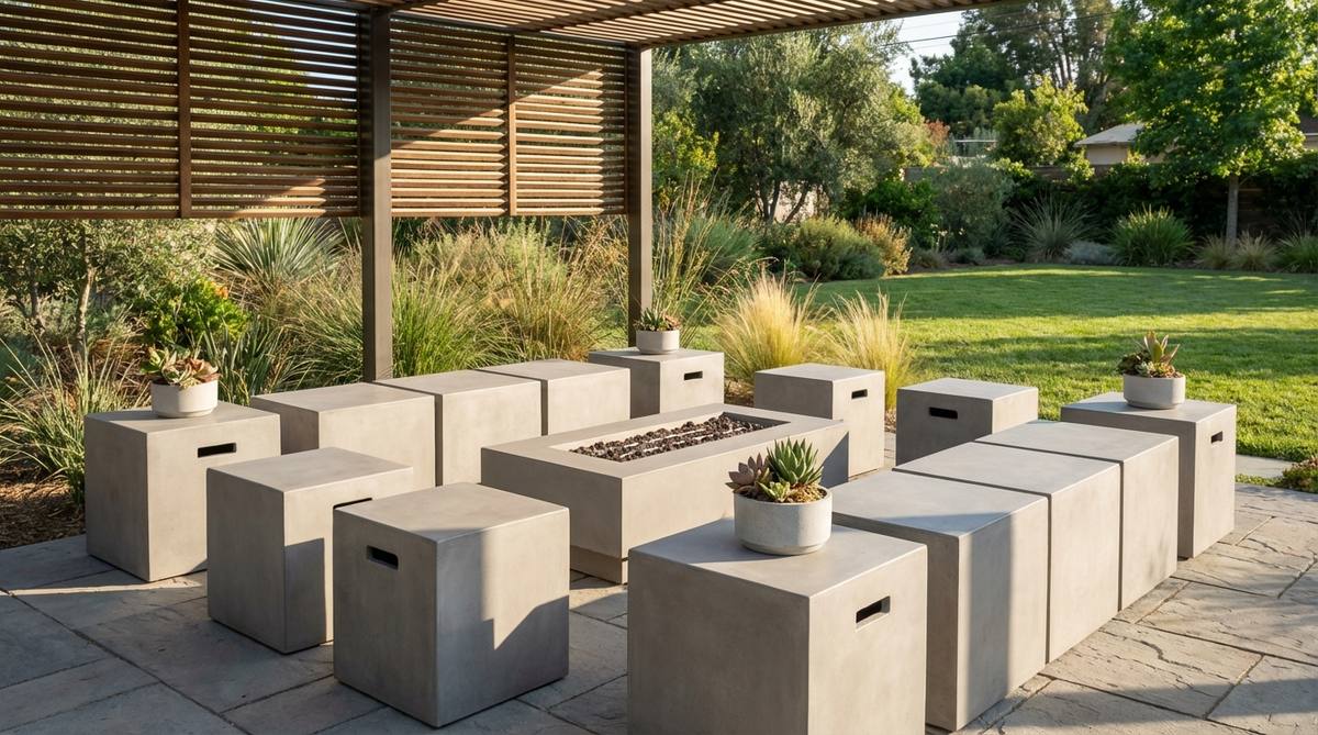 Modern garden seating arrangement featuring individual concrete cubes that serve as flexible seating elements. These 18x18x18 inch cubes can be rearranged to accommodate different gathering sizes and function as both seats and side tables. The smooth troweled finish provides comfortable surfaces for outdoor relaxation in contemporary garden settings.