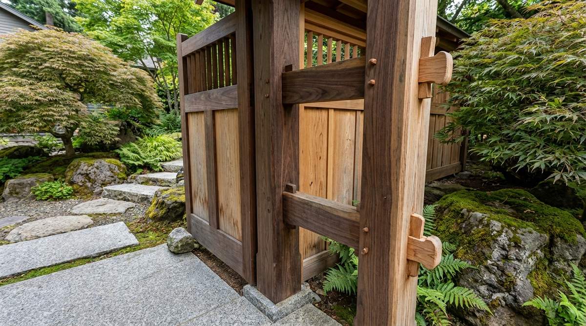 A close-up view of a Japanese garden gate showcasing mortise and tenon joinery, with visible through-tenons, decorative pegs, and contrasting wood species, highlighting traditional woodworking craftsmanship.