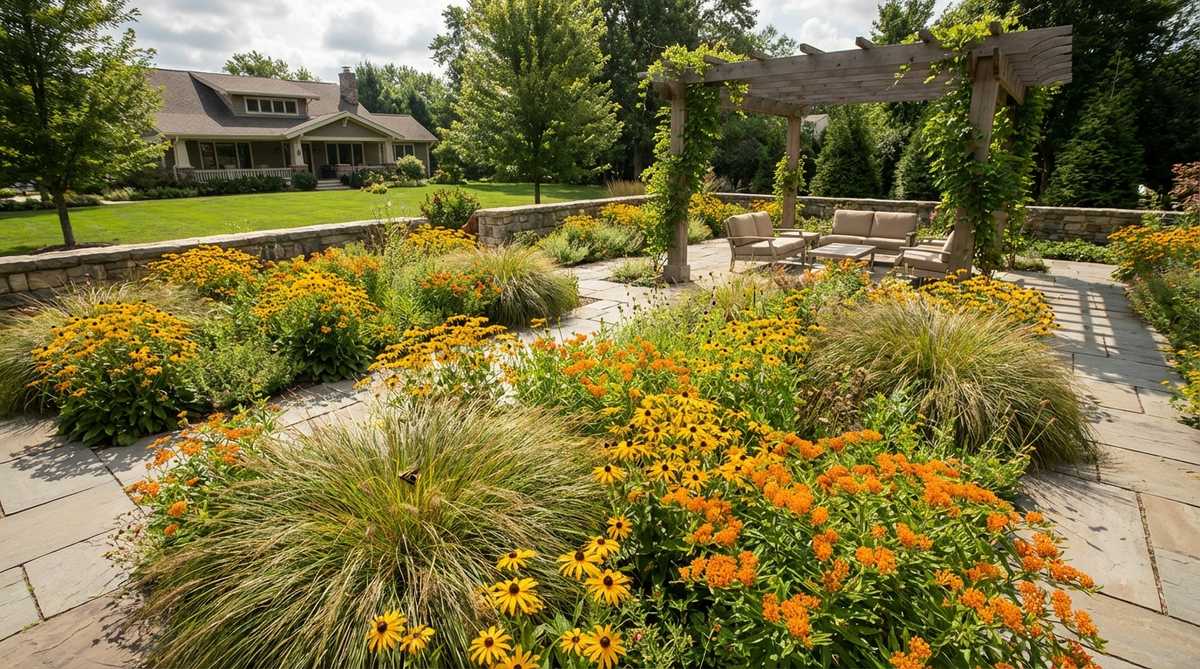 A vibrant terrace garden featuring native pollinator meadow plantings with prairie dropseed, black-eyed Susans, and butterfly weed. This low-maintenance ecological planting supports beneficial insects, requires minimal irrigation, and provides seasonal displays while resisting pests naturally.
