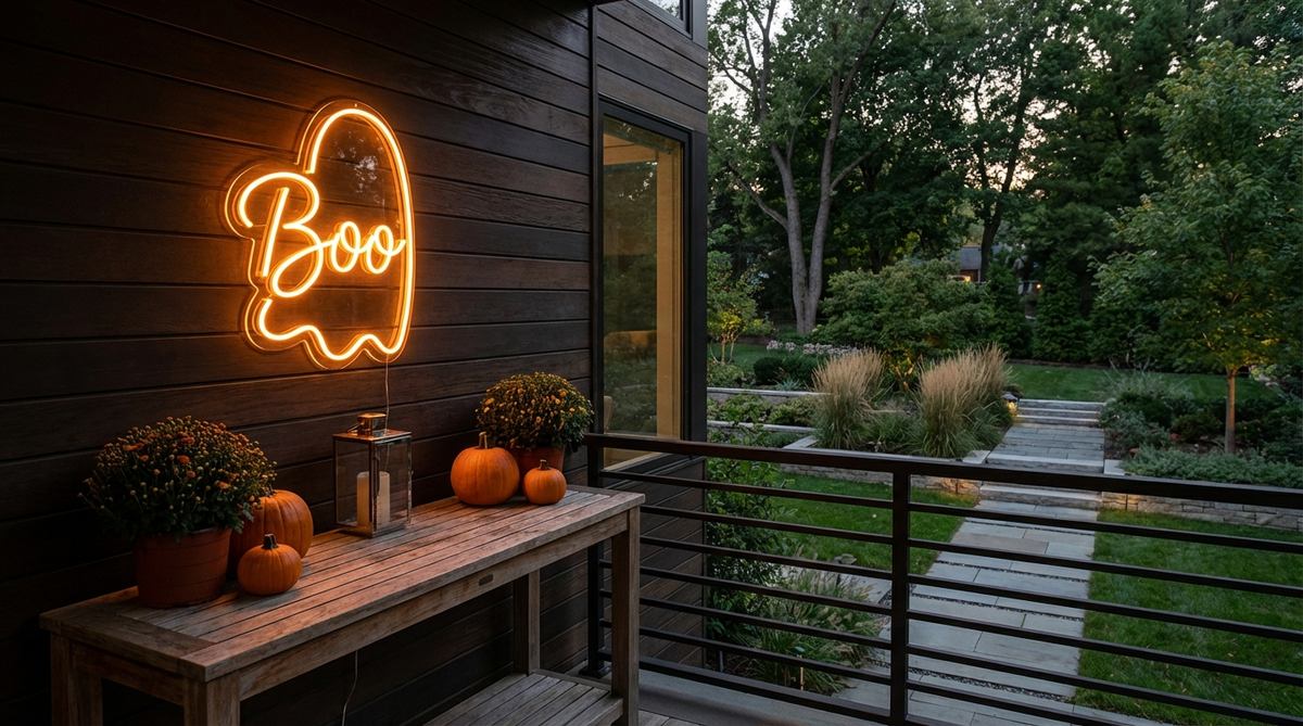 A modern neon or LED sign with Halloween messaging like 'Boo' or a ghost outline, mounted on a balcony exterior wall or placed on a console table. The sign glows in warm white or orange tones, providing both decorative flair and ambient lighting for contemporary Halloween balcony decor.