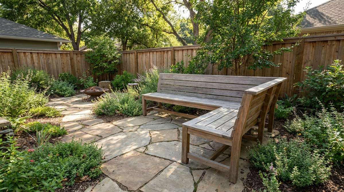 A compact nested L-shaped bench set designed for small gardens, featuring two benches with complementary dimensions. The smaller bench slides completely beneath the larger one for space-saving storage, and when extended, they form a continuous L-shaped sectional. Ideal for corner installations where flexible entertaining capacity is needed without obstructing walkways.