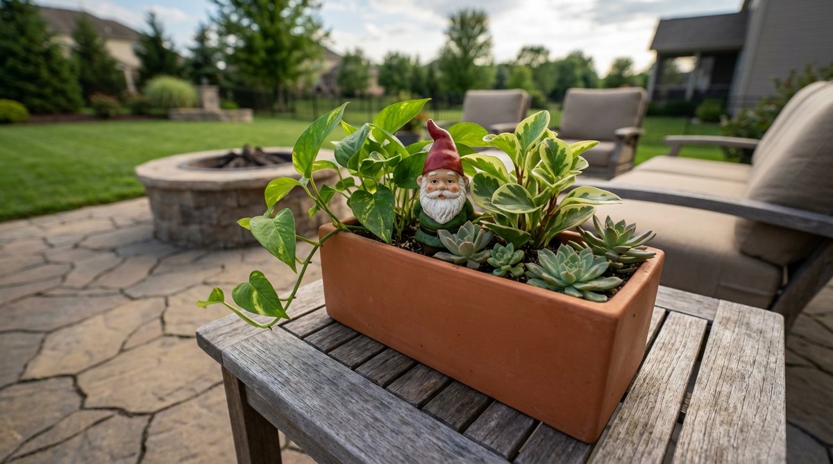 A miniature garden gnome seated in a rectangular desk planter with pothos, peperomia, and small succulents, creating a subtle workspace accent that blends professional decor with garden personality.