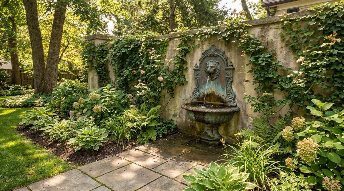 A vintage-style ornate wall fountain featuring classical masks or lion heads, mounted on a garden wall with recirculating water creating a gentle trickling sound. The aged bronze or stone finish adds period authenticity to the garden decor.