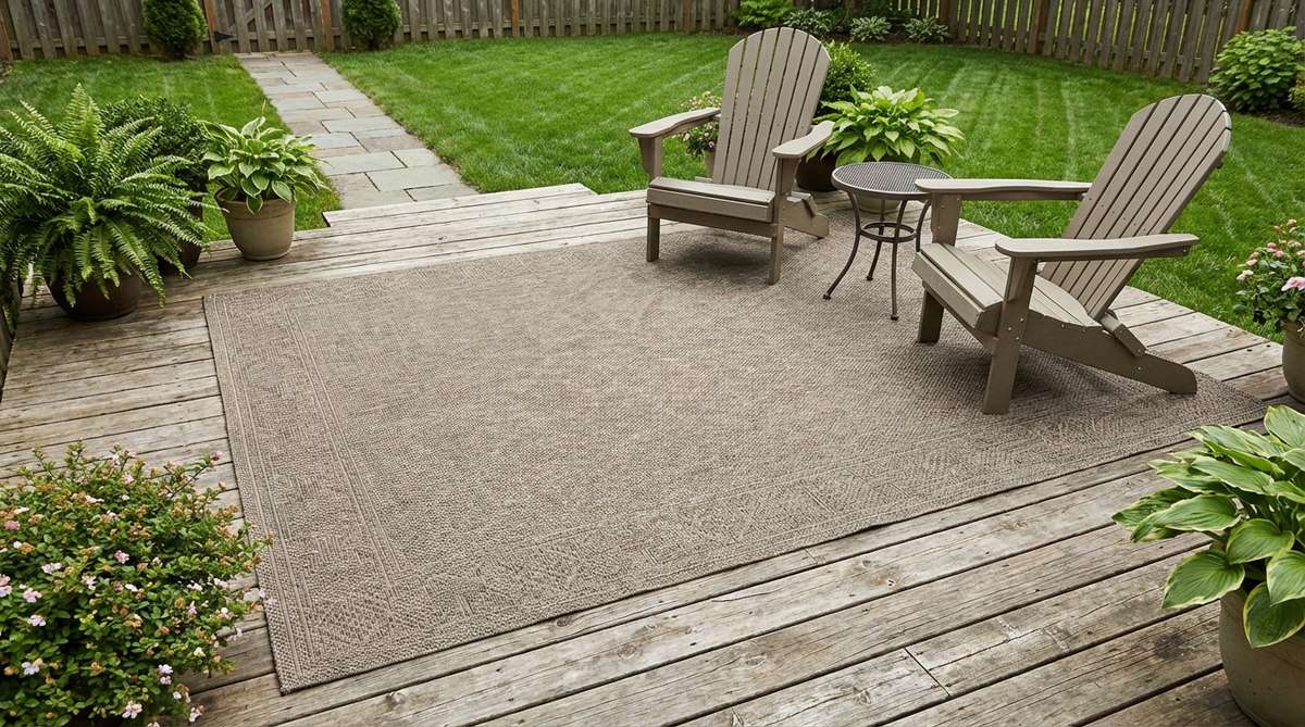 A weather-resistant outdoor rug placed beneath a seating area on a small garden deck, creating visual boundaries and adding texture to soften the hard surface. The rug extends beyond the furniture perimeters, secured with double-sided tape to prevent shifting.