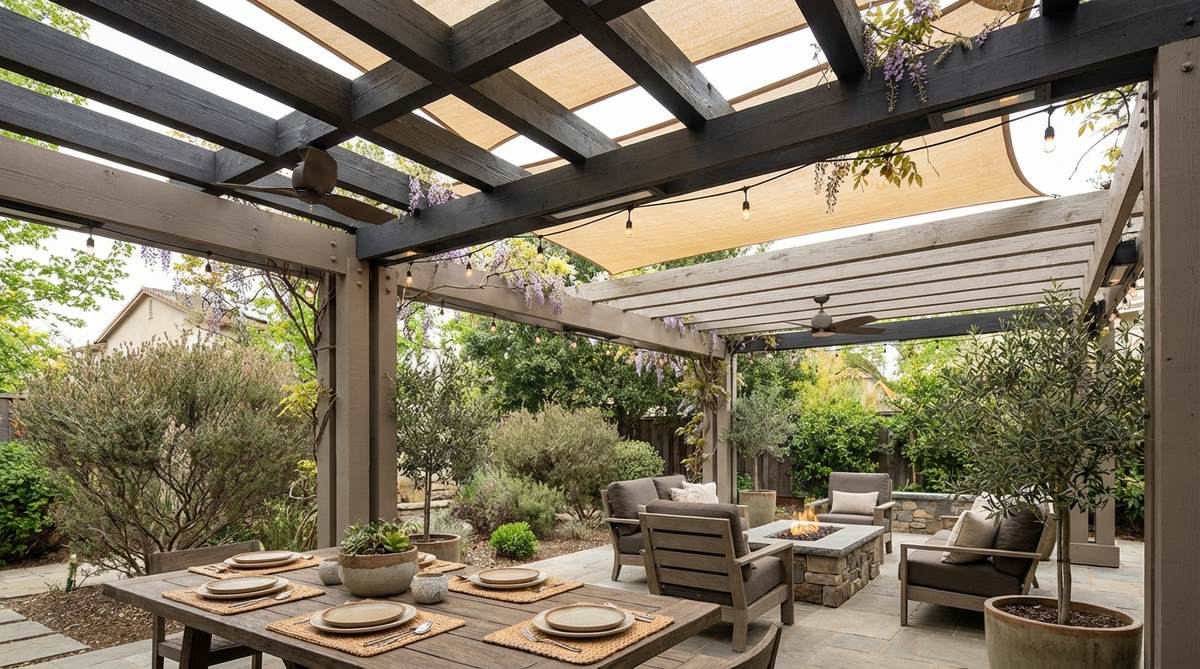 A pergola with directional beam runs creating a grid system to designate functional zones in an outdoor patio. North-south beams over a dining area and east-west beams over a lounge area, painted in contrasting tones to visually separate spaces. The overhead structure supports shade sails, string lights, and climbing vines while housing electrical runs for lighting and fans.