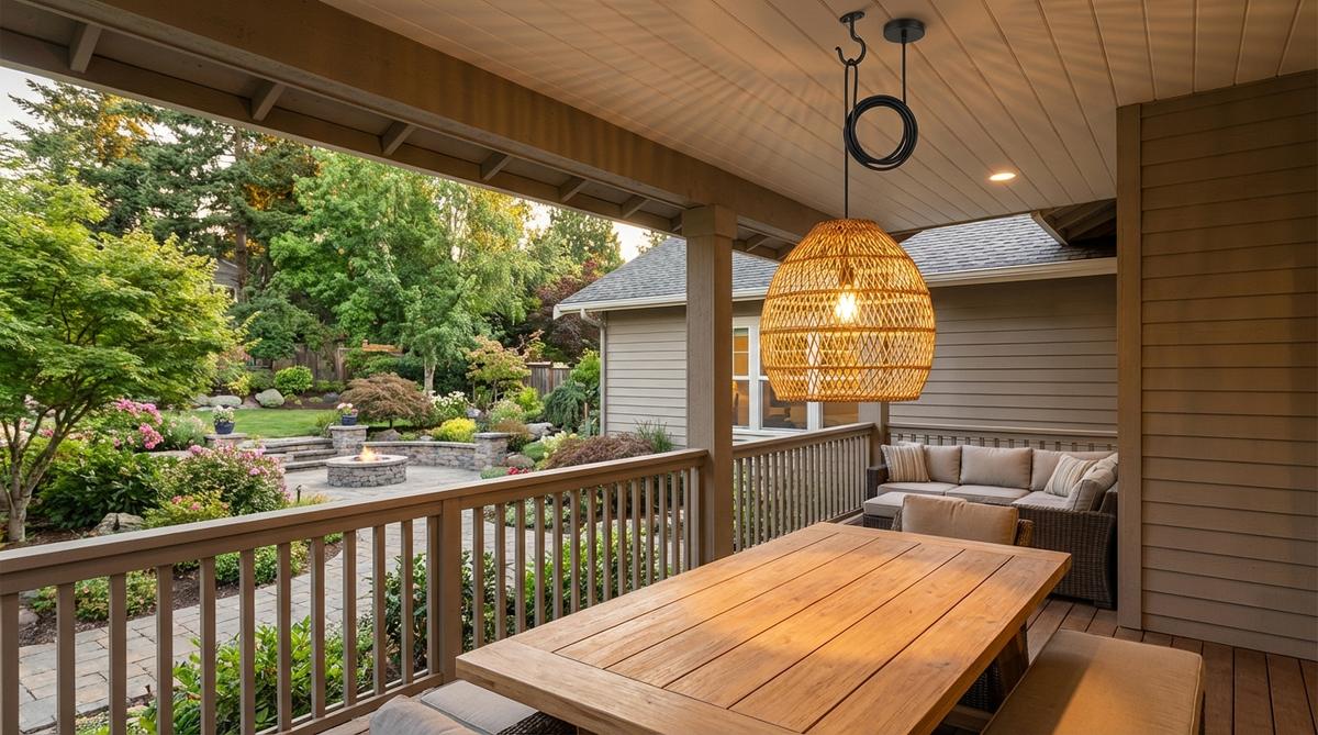 A stylish pendant light hanging from a balcony ceiling, featuring a woven rattan or metal cage design. The light creates a dramatic focal point with proper ceiling hook installation and adjustable cord length for flexible placement.