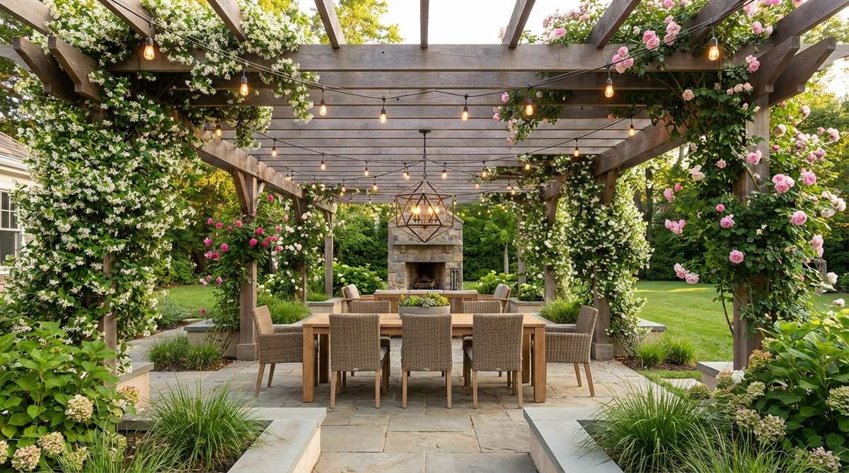 A contemporary garden dining table and chairs centered under a pergola, framed by climbing vines like jasmine or roses, with string lights or an outdoor pendant for an architectural feel, visually anchoring the outdoor dining area.