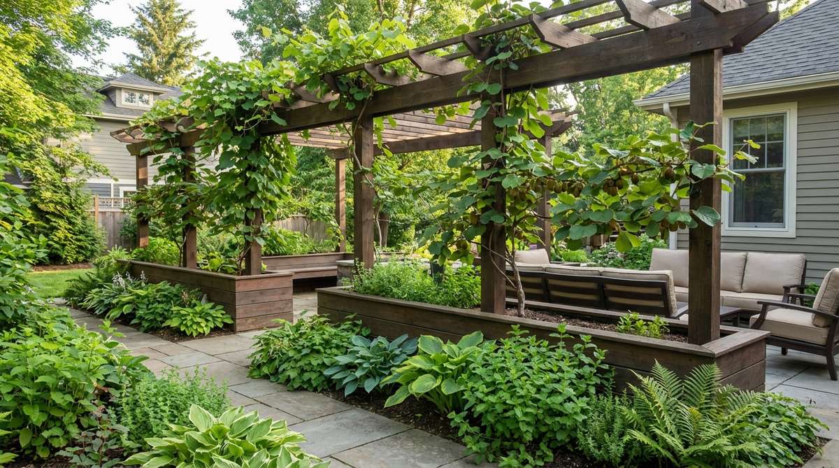 A modern garden bed integrated into a pergola structure, showing climbing crops like grapes and kiwis trained up support columns and across overhead beams to create an edible canopy. Underneath, shade-tolerant herbs and leafy greens thrive in the filtered light, demonstrating a dual-purpose design for summer shade and fruit production in outdoor living spaces.
