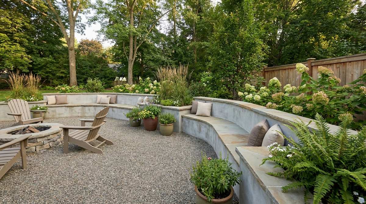 Continuous bench seating integrated into garden boundary walls, featuring flat stone or concrete surfaces for comfortable seating. This modern garden decor solution provides abundant seating while reinforcing spatial definition without consuming floor area.