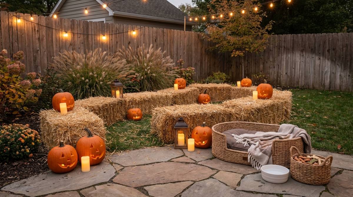 A safe and welcoming outdoor Halloween setup for pets, featuring calm lighting, minimal decor, and non-toxic elements to reduce stress and ensure pet safety during Halloween festivities.
