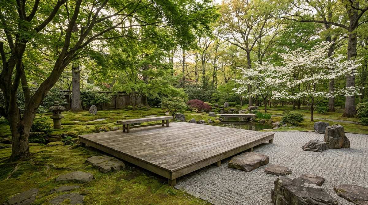 A Japanese garden designed around a central viewing pavilion or engawa platform, featuring multiple sight lines radiating outward to focal elements, ideal for stationary contemplation and accessible viewing.