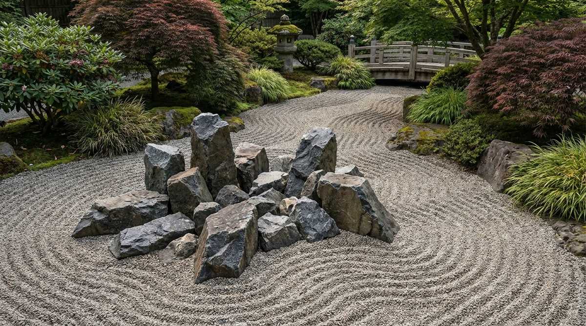 A detailed view of a rapids stone cluster in a Japanese garden, featuring angular rocks arranged tightly in the center of a dry stream to simulate rapids or obstacles. Smaller stones and gravel surround the cluster, raked in turbulent patterns to represent rushing water. The jagged central rocks are positioned at various angles, creating a sense of chaotic energy, contrasting with calmer raked patterns upstream and downstream.