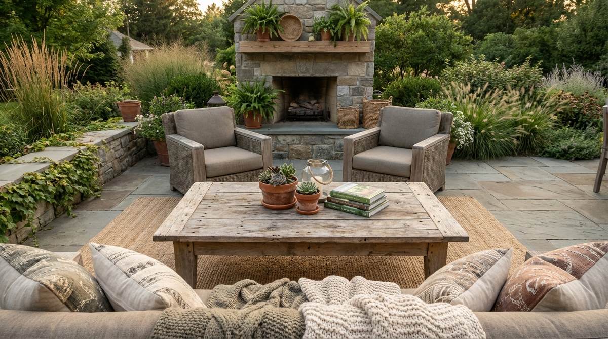 A rustic reclaimed wood coffee table with weathered patina and nail holes, paired with soft textiles in a boho-style living room, showcasing sustainable decor with authentic character.