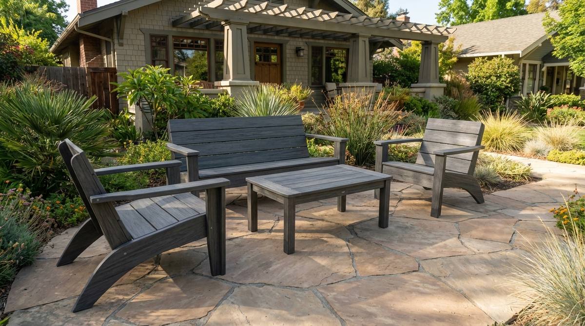 A modern garden furniture set made from recycled plastic lumber, featuring contemporary profiles, ergonomic contouring for comfort, and durable, maintenance-free material that resists splintering, rotting, salt air, and UV degradation. Available in wood-grain textures and solid colors with a lifetime warranty.