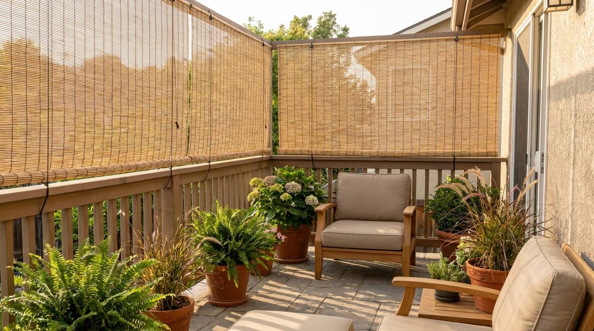 Natural reed or bamboo rolled screens attached to balcony railings and walls using zip ties or wire. The organic texture complements garden settings while providing semi-transparent privacy. Lightweight screens install without permanent hardware, ideal for rental situations. The natural color palette blends harmoniously with plant materials.