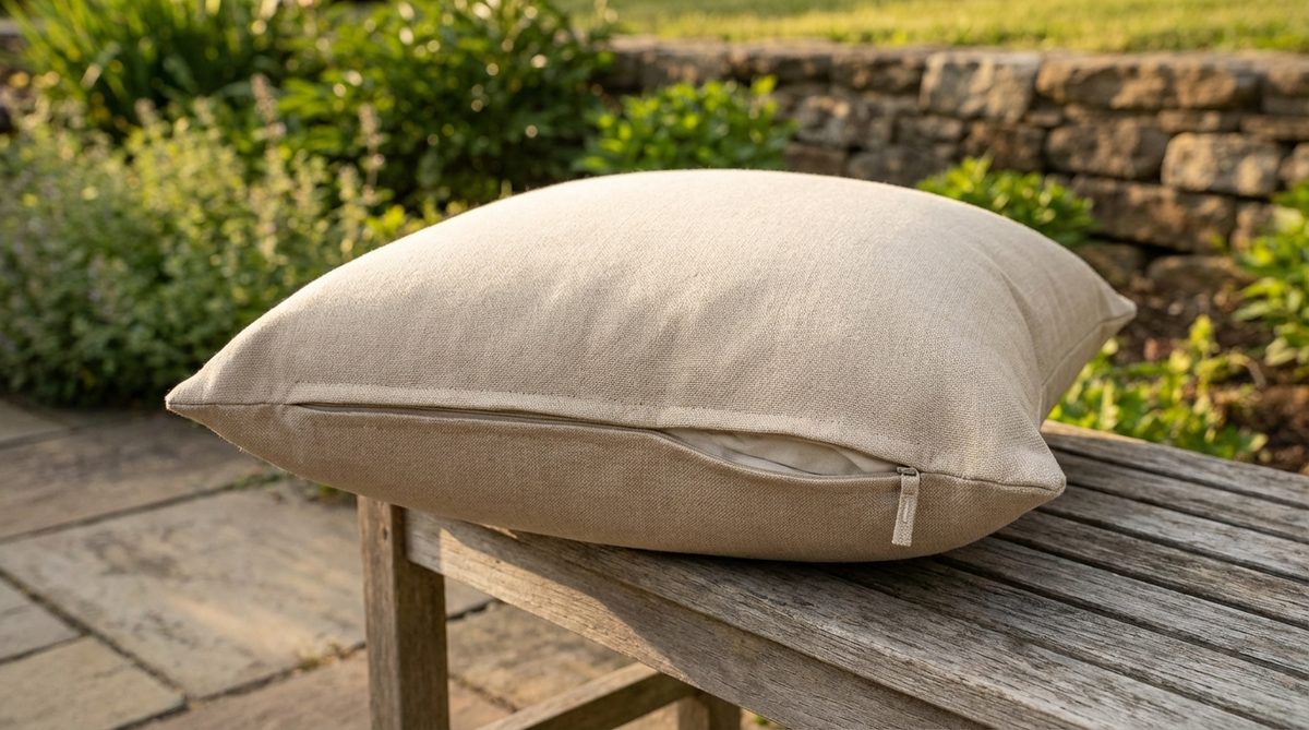 A close-up image of an outdoor decor pillow with a removable, washable cover, showcasing a hidden zipper for easy removal and maintenance. The cover is designed to be machine-washable, ideal for keeping pillows fresh during active outdoor seasons.