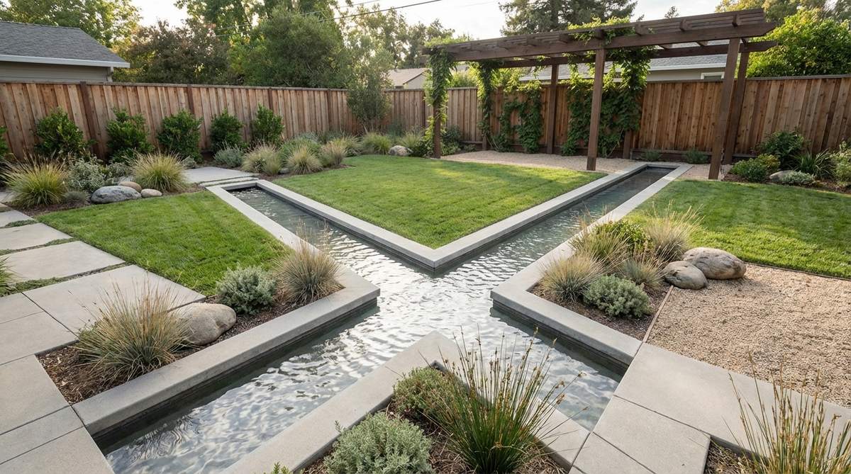 A narrow concrete water channel in a minimalist garden, designed as a straight linear rill that carries flowing water across the space. The geometric form emphasizes clean lines and minimalist principles while adding dynamic movement. The channel features a reflective surface that multiplies natural light throughout the garden, with recirculating pumps ensuring water efficiency.