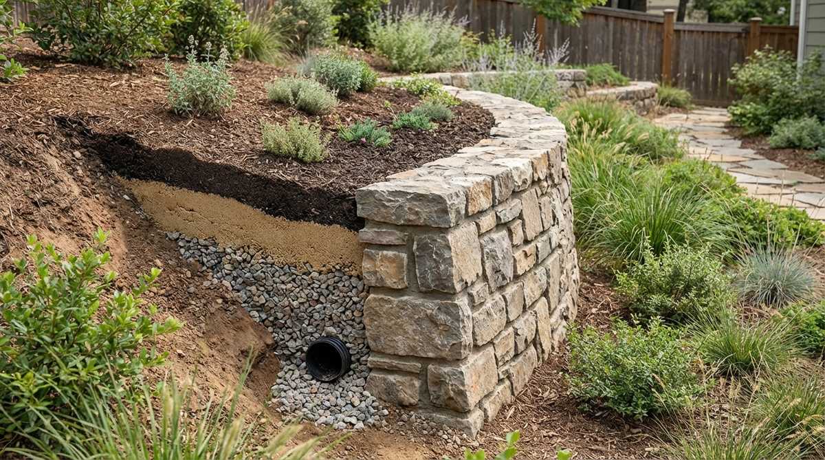 A detailed illustration showing a cross-section of a rock garden retaining system built with mortared stone walls and gravel backfill. The diagram demonstrates proper construction techniques including staggered joints for structural integrity, drainage pipe installation behind the wall, and layered backfill with crushed stone and topsoil to prevent hydrostatic pressure buildup.