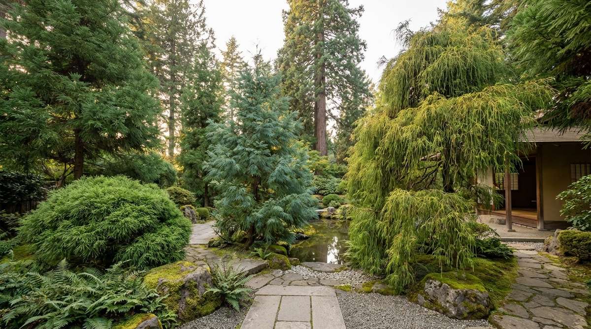 A detailed image of a Sawara Cypress tree, showcasing its diverse foliage forms including juvenile, intermediate, or adult leaves, with examples from the Squarrosa, Plumosa, and Filifera groups. The tree is set in a Japanese garden, highlighting its adaptability to various soil conditions and urban environments, with cultivars ranging from dwarf mounds to tall trees up to 50 feet.
