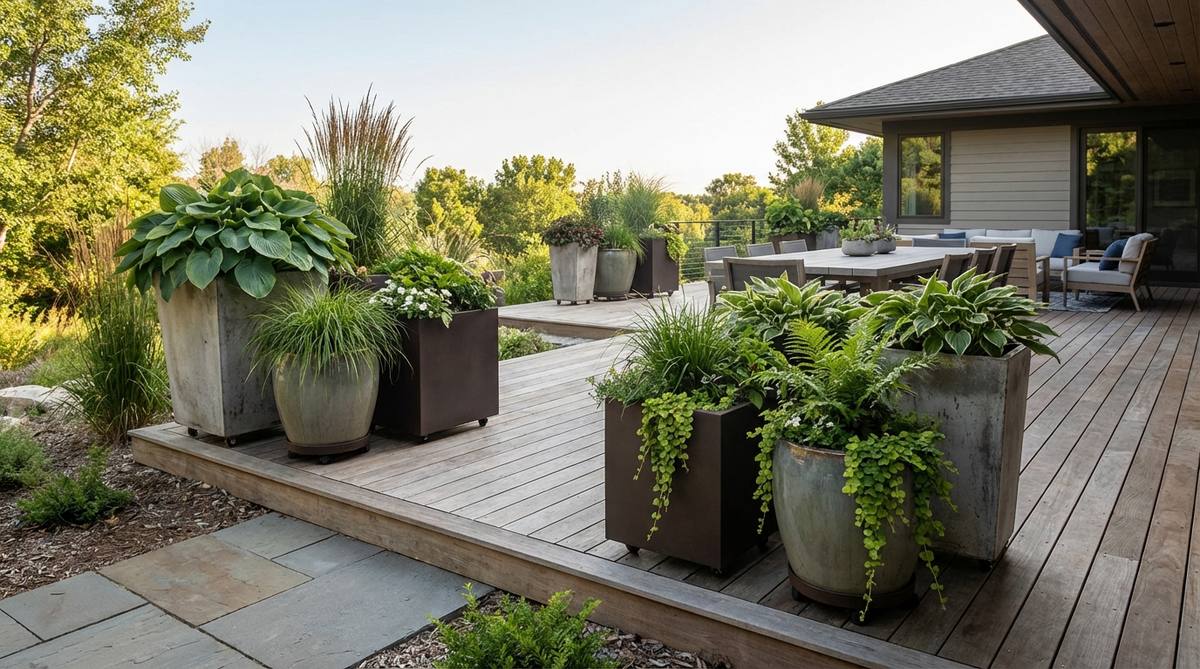 Oversized contemporary planters in concrete, ceramic, or powder-coated steel serve as decorative focal points for outdoor deck decor. Grouped in odd numbers at varying heights to create visual rhythm, with foliage-focused planting schemes and mobile options on hidden casters for seasonal rearrangement.