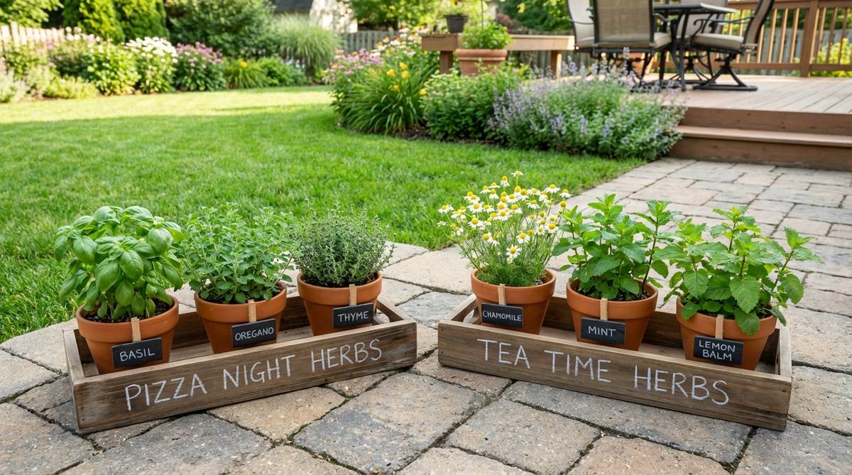 A vibrant mini herb garden featuring themed trios of herbs in small pots, such as basil, oregano, and thyme for pizza night, and chamomile, mint, and lemon balm for tea time, arranged on labeled trays for a playful and organized display.